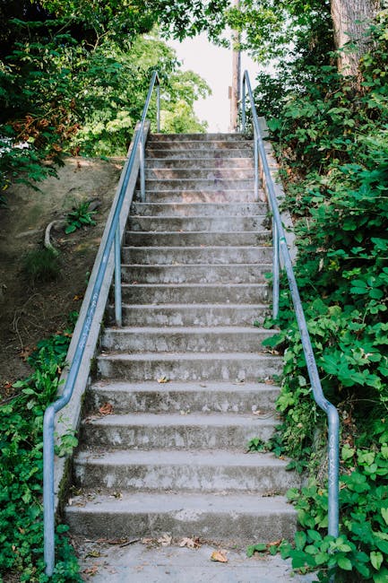 A concrete staircase with roughly 14 steps leading upward, flanked by metal handrails on both sides, set outdoors amidst green foliage and trees. The staircase appears weathered with signs of dirt and minor wear on the steps. Surrounding vegetation includes bushes and leafy plants, some creeping onto the steps. At the top of the stairs, there is an opening or doorway partially obscured by the trees. The outdoor environment suggests a residential or park area, and natural daylight illuminates the scene. This image depicts a typical stairway that could be involved in home relocation, with no lift or elevator present, highlighting instances where bulky items or furniture might need to be carried manually during a move. Man with Van Harold Park’s removals service is relevant in contexts involving such staircases, especially when planning logistics for house moves involving narrow staircases or no lift access.
