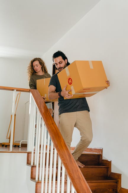 A man and a woman, both with light skin, are carrying medium-sized cardboard boxes during a house move inside a property. The man, with dark hair and a beard, is holding a box with the logo 'H' visible and is walking down a short flight of wooden stairs with a white railing, while the woman, with curly light brown hair, stands behind him, also carrying a box. The interior has white walls and a wooden staircase with a polished finish, and the scene appears to be lit by natural daylight, indicating an indoor relocation process. The image captures the careful handling of items, typical of home relocation or furniture transport, with cardboard packing materials visible, supported by the professional removals services offered by Man with Van Harold Park.