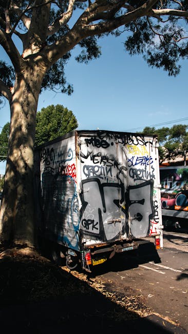 The image depicts the rear of a small moving truck parked on a street, with graffiti covering its metal doors. The truck is situated beside a sidewalk shaded by a large, leafy tree with thick branches extending overhead. In the background, there are residential buildings and parked cars, indicating a suburban or urban neighbourhood. The rear doors of the truck are closed and the vehicle appears to be in a stationary position, possibly during a home relocation or furniture transport process. The surrounding environment includes natural light with shadows cast by the tree, highlighting the urban setting. This scene exemplifies the logistics involved in house removals, with the truck ready for loading or unloading furniture, boxes, and packing materials for a move. Man with Van Harold Park and their removals services operate in this context, facilitating efficient packing and transport during household moves.